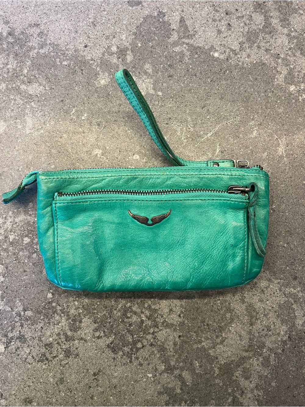 Zadig & Voltaire Green Leather Wristlet Clutch with Wing Motif - Picture 2 of 4